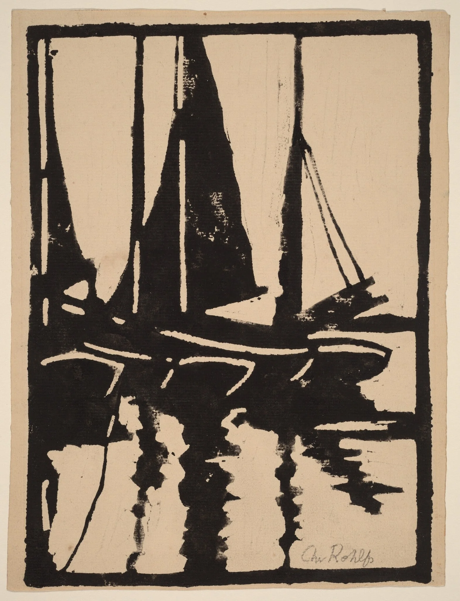 Sailboats in the Harbor, by Christian Rohlfs, ink, 1908