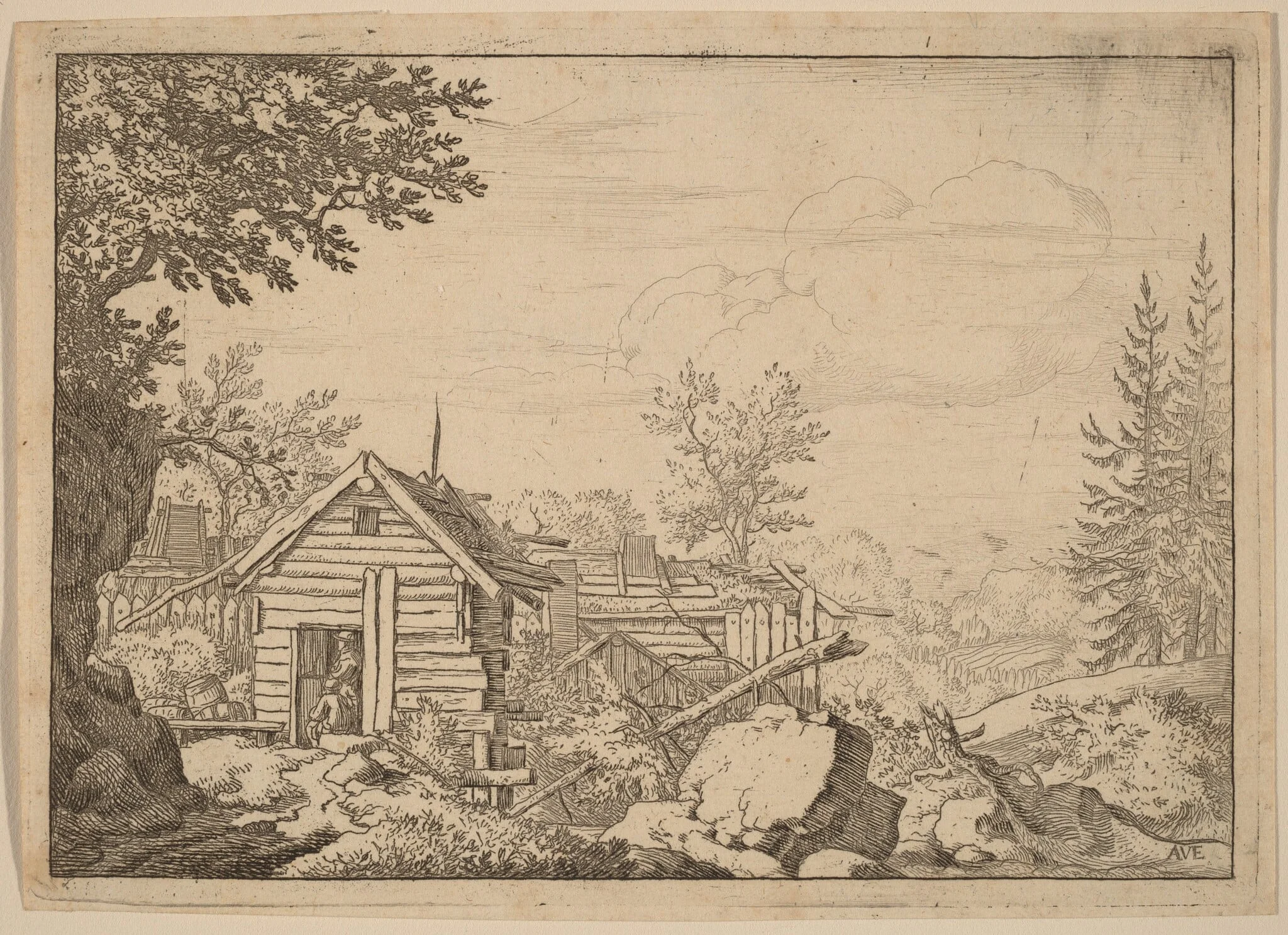 Two Men in the Doorway of a Hut, by Allart van Everdingen, ink, 1650