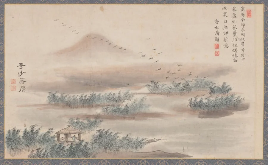 Wild Geese Descending on a Sandbar, from Eight Views of Xiao-Xiang, by Tani Bunchō, unspecified, 1788