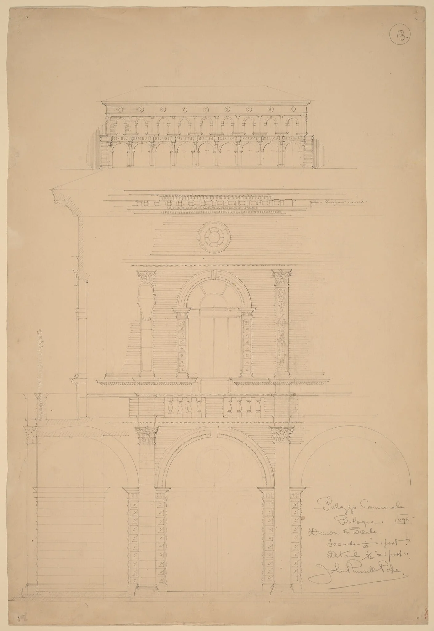 Palazzo Communale, Bologna, by John Russell Pope, graphite, 1898