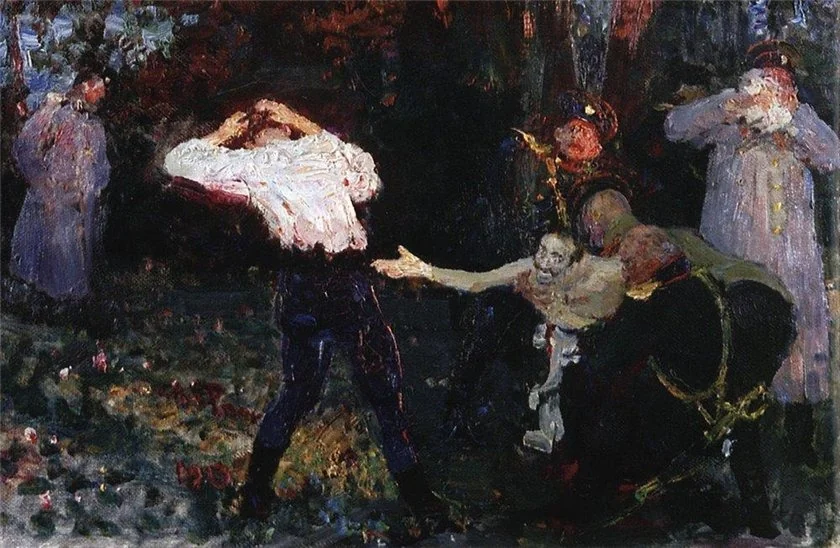 Дуэль. Эскиз, by Ilya Repin, oil, 1913