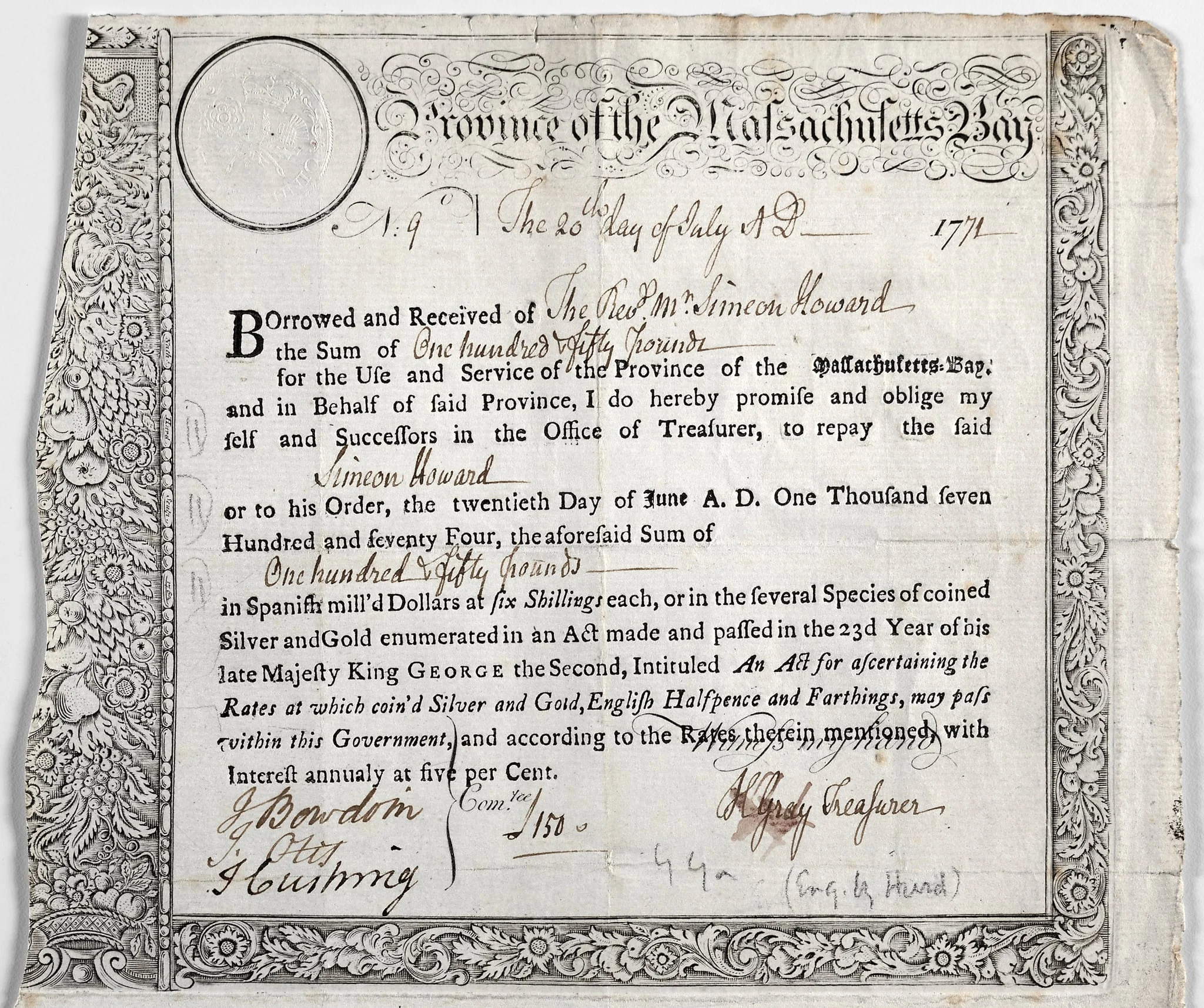 Loan Certificate, by Nathaniel Hurd, 1764