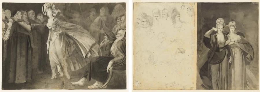 Woman Standing among the Friars (recto) Sketches of Heads (verso, left); Two Women (verso, right), by John Brown, 1772