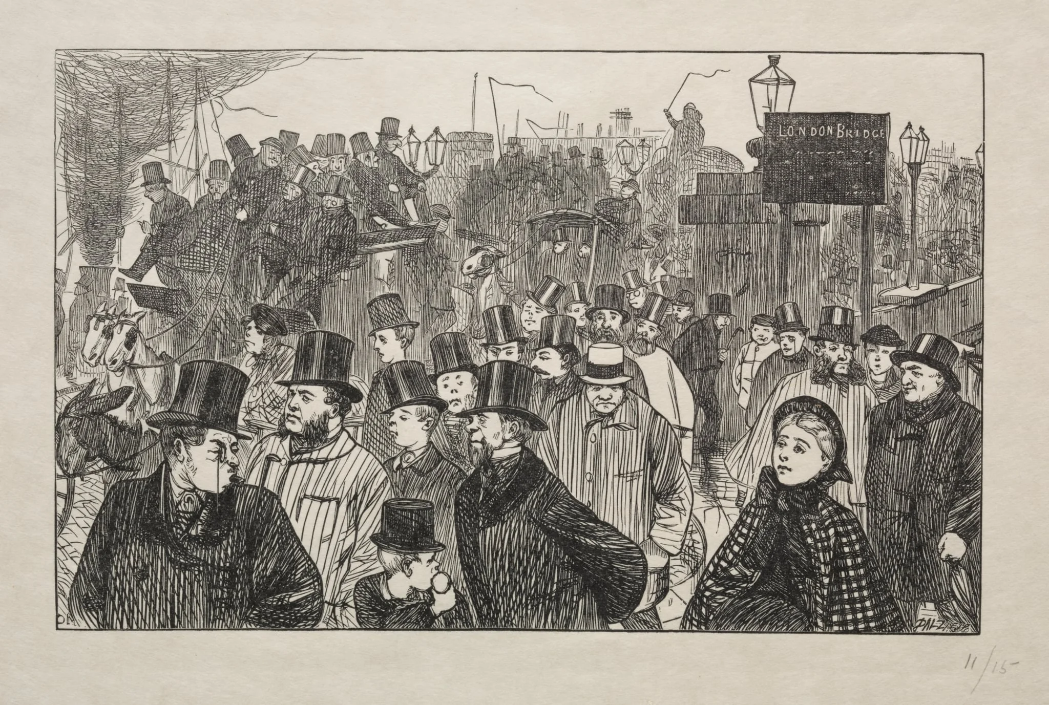 The Living Stream at London Bridge - On the Bridge, by George Louis Palmella Busson Du Maurier, 1863