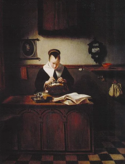 Lacemaker, by Nicolaes Maes, oil, 1655