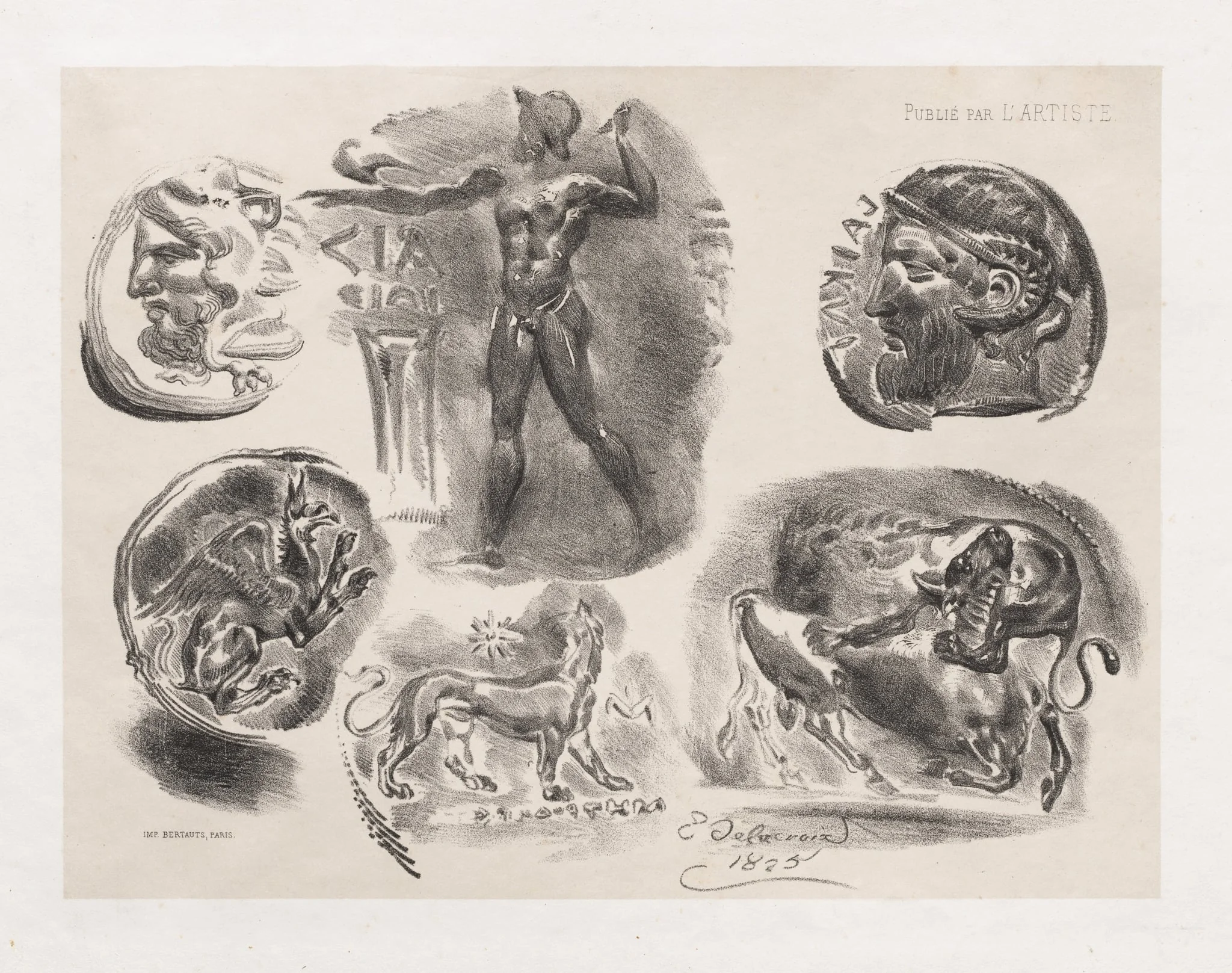 Sheet of Six Antique Coins, by Eugène Delacroix, 1825