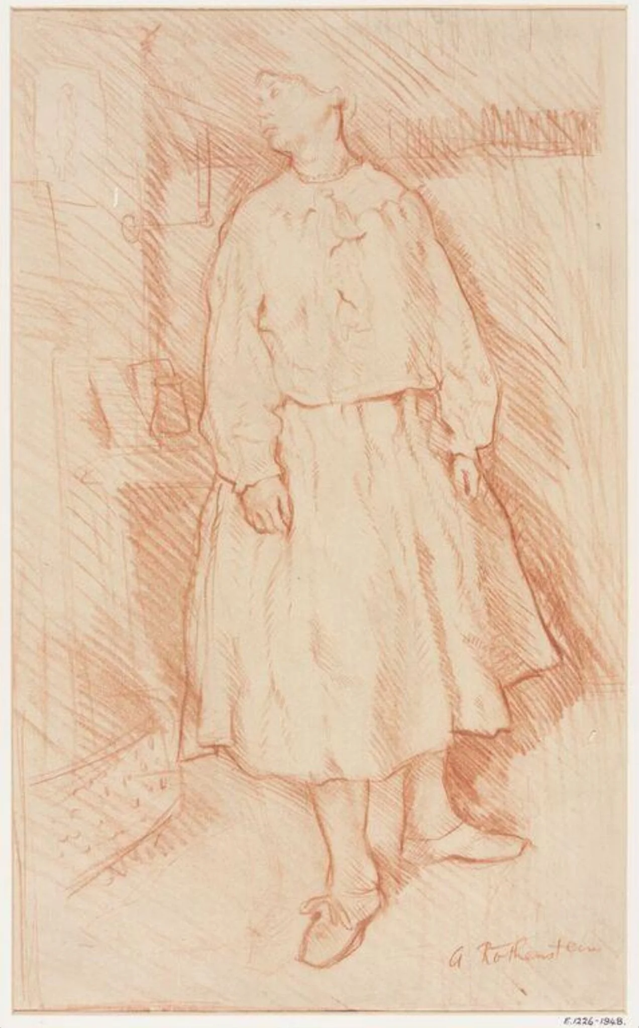 Sketch of a woman standing by a fireplace