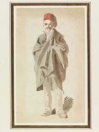A man wearing a fez and wrapped in a long cloak