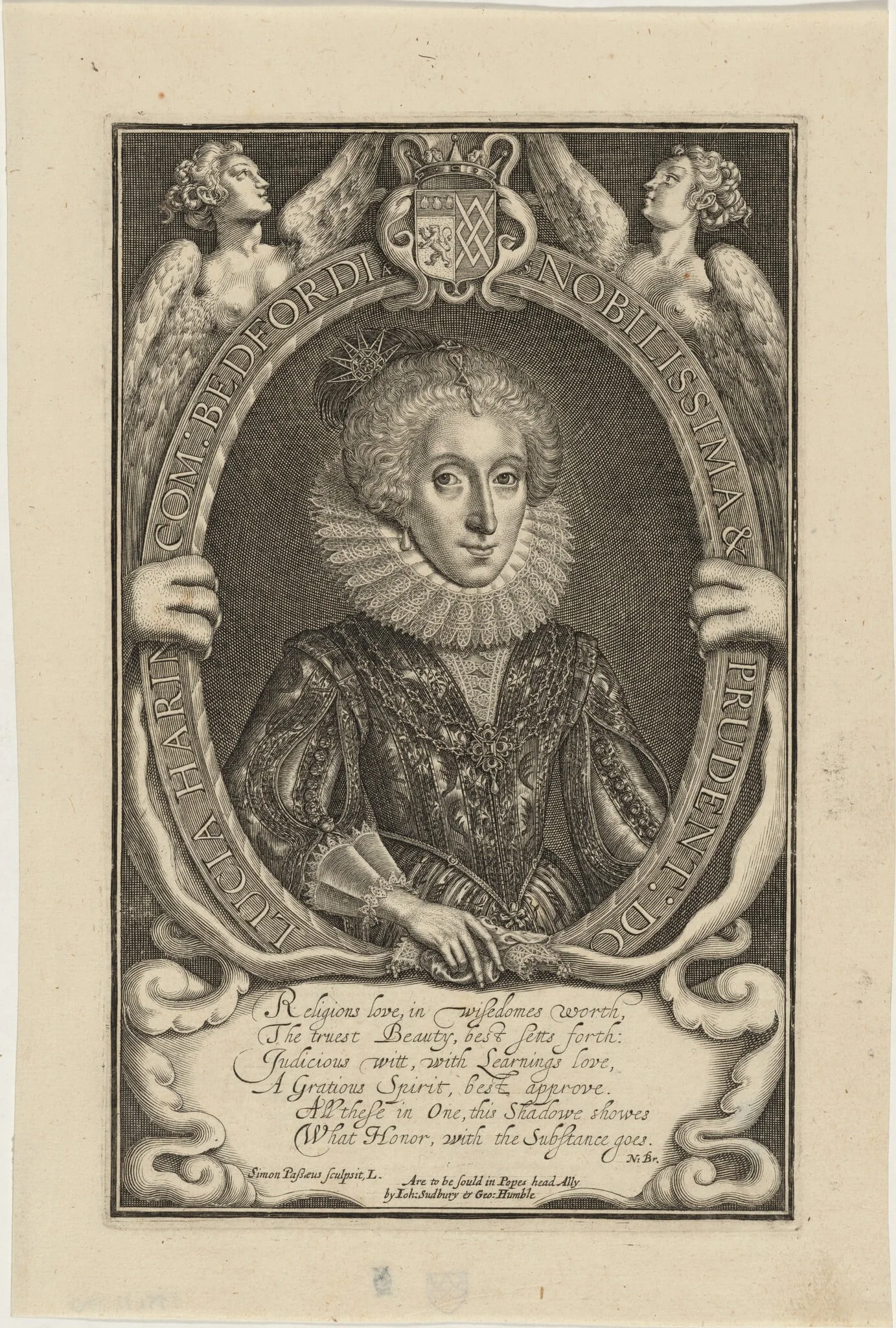 Lucia Harrington, Countess of Bedford, by Simon van de Passe, ink, 1621