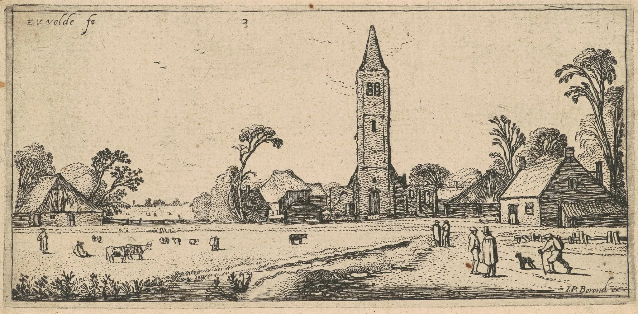 Landscape with a Meadow and a Village Church, by Velde, Esaias van de, I, ink, 1615