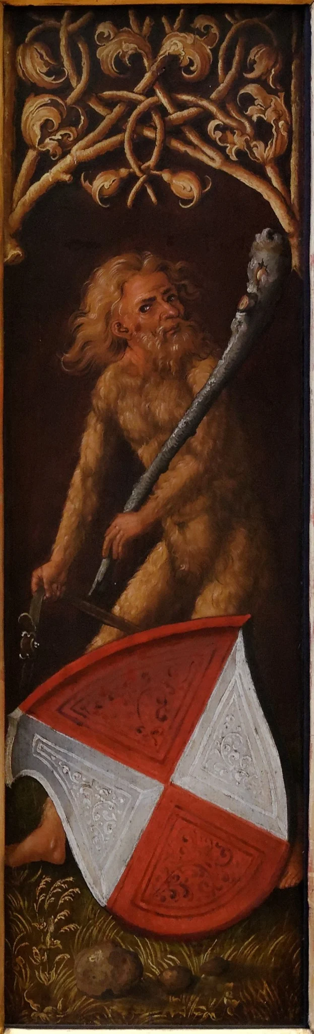 Portrait of Oswolt Krel: "Sylvan Men" with Heraldic Shields of Agathe von Esendorf, by Albrecht Dürer, oil, 1500