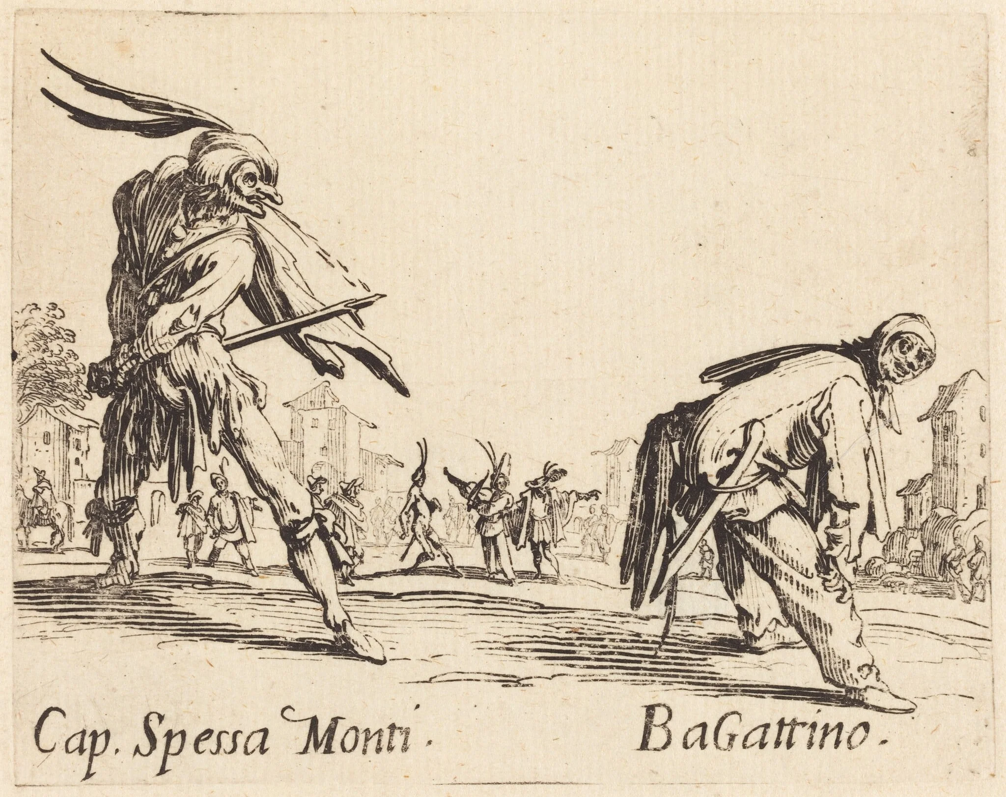Cap. Spessa Monti and Bagattino, by Jacques Callot, ink, 1622