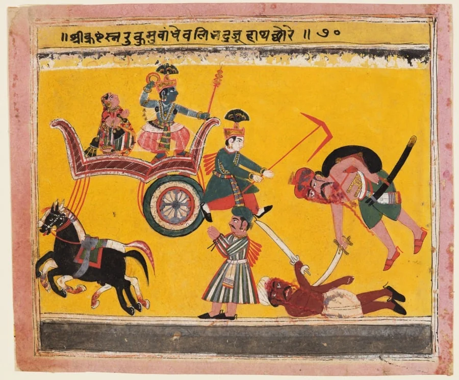 Abduction of Rukmini: Krishna Tied the Hands of Rukma, from a Bhagavata Purana, by Unknown, unspecified, 1640