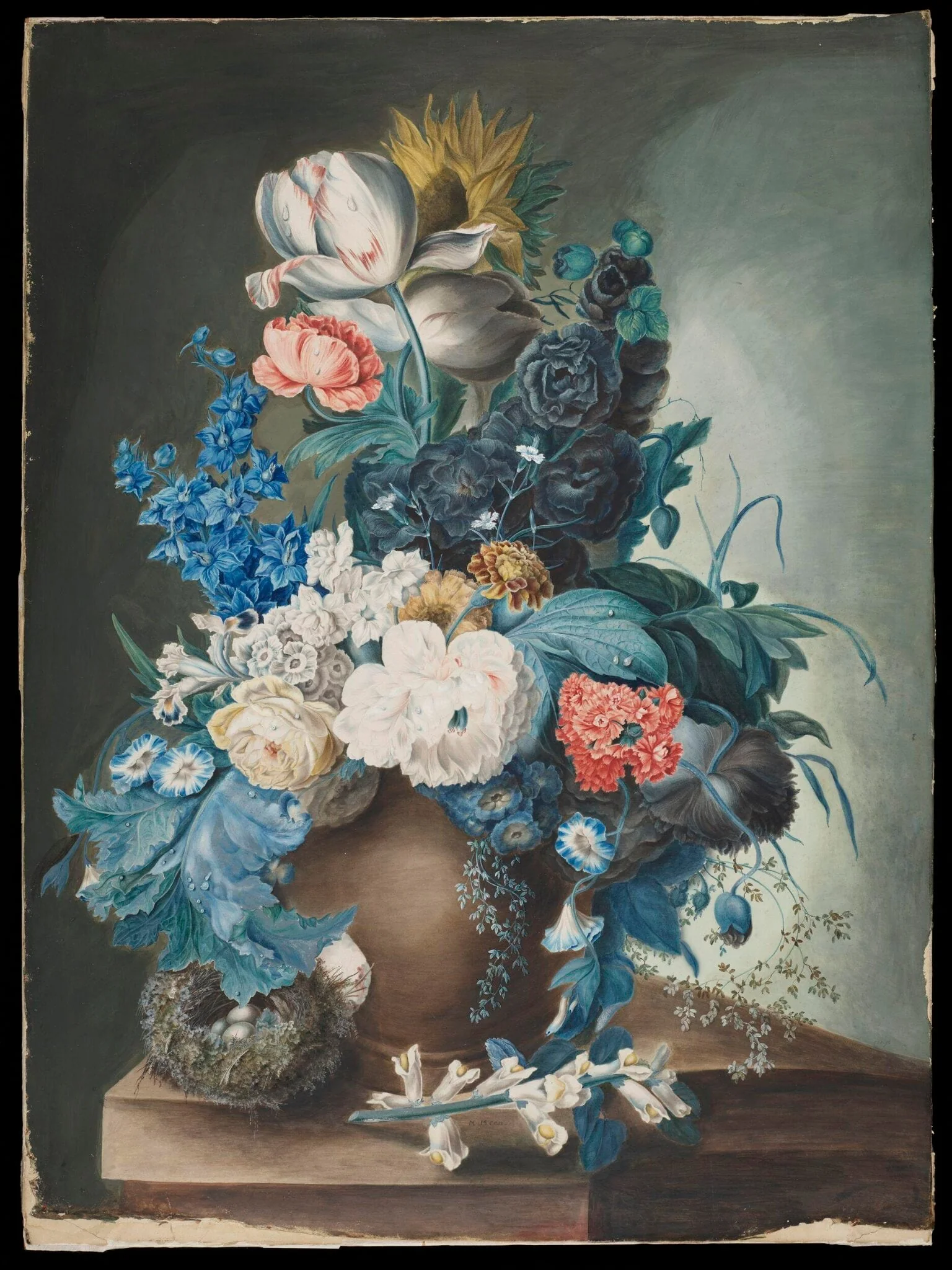 A group of flowers in a jar and a bird's nest
