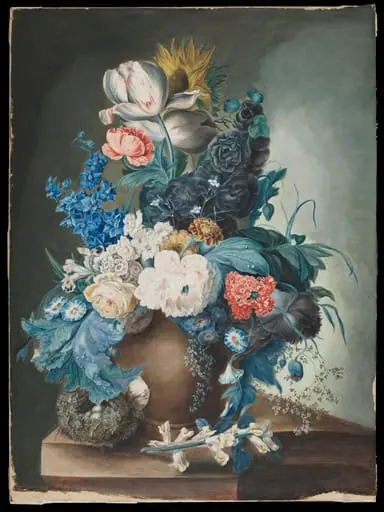 A group of flowers in a jar and a bird's nest