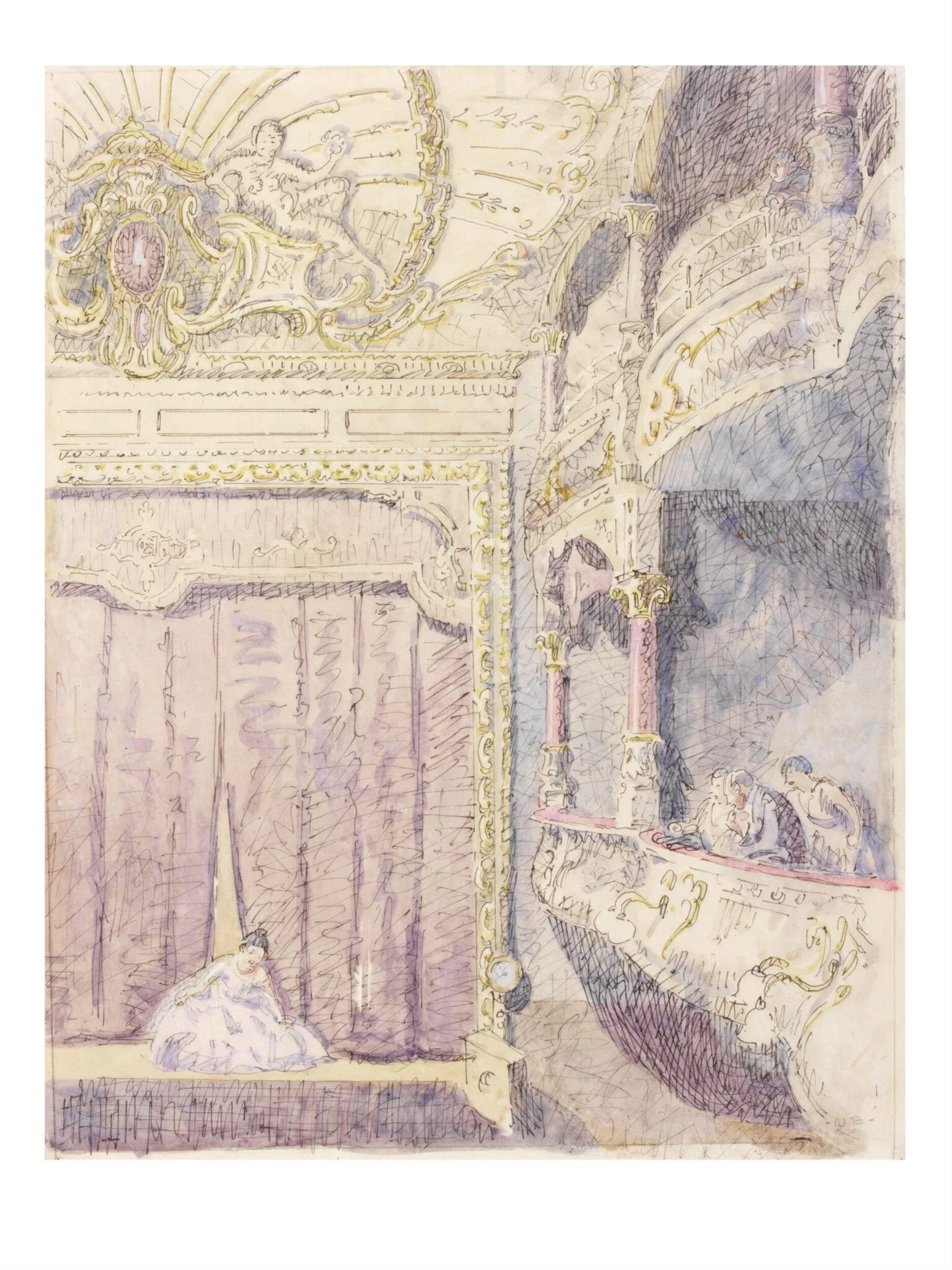 Interior, showing a box and the stage, of the Old Grand Theatre, now the Gaumont Hippodrome, Colchester, by Walter Bayes, watercolor, 1940