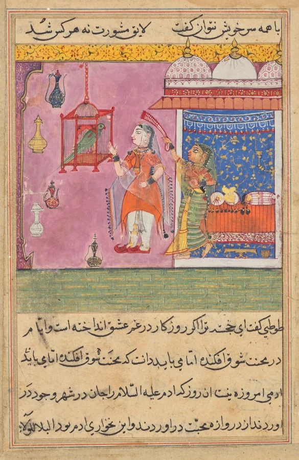 The Parrot Addresses Khujasta at the Beginning of the Nineteenth Night, from a Tuti-nama (Tales of a Parrot), by Unknown, unspecified, 1560