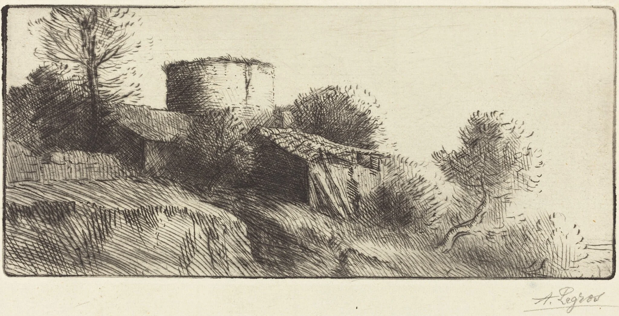 Pigeon Tower (La tour aux pigeons), by Alphonse Legros, ink, 1874