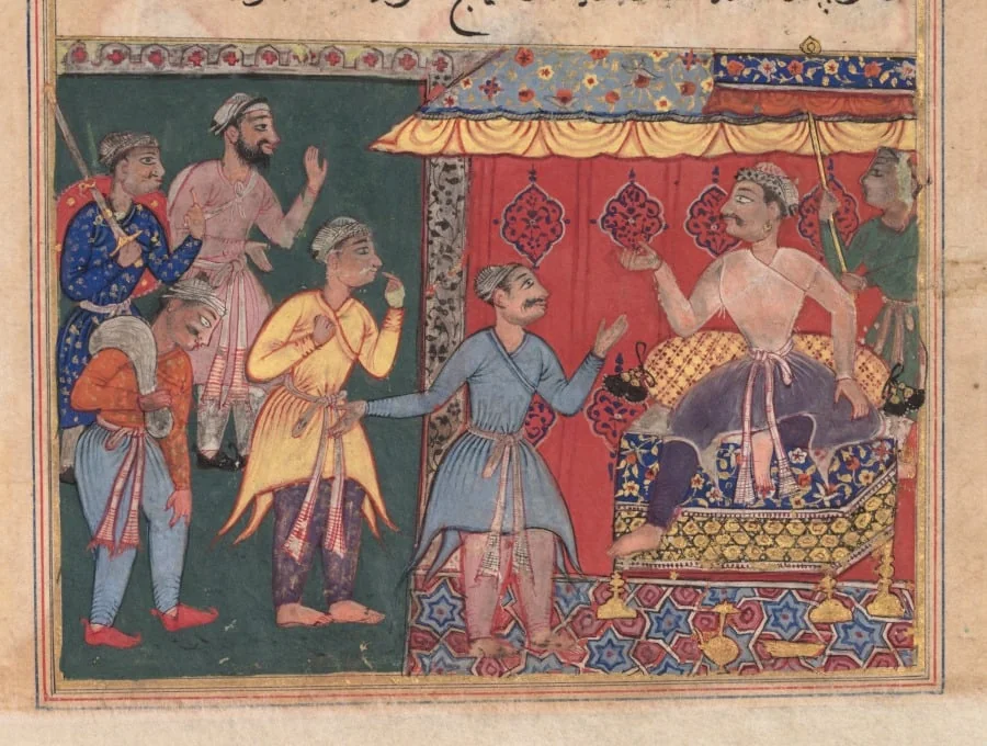 King Bhojaraja tries in vain to ascertain the whereabouts of the pearl from the four travelling companions, from a Tuti-nama (Tales of a Parrot): Twelfth Night, by Unknown, unspecified, 1560
