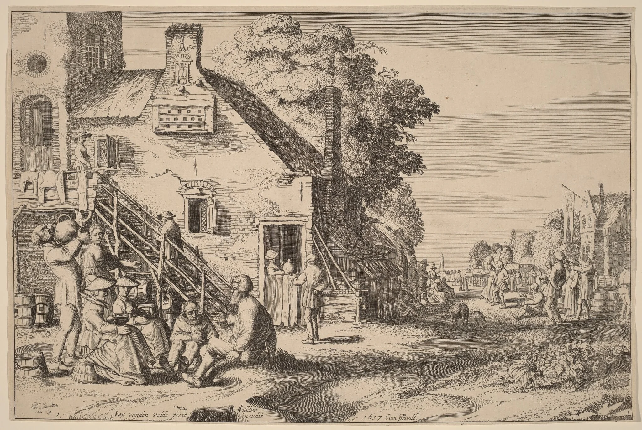 Spring (Village Fair before an Inn), by Jan van de Velde, ink, 1617