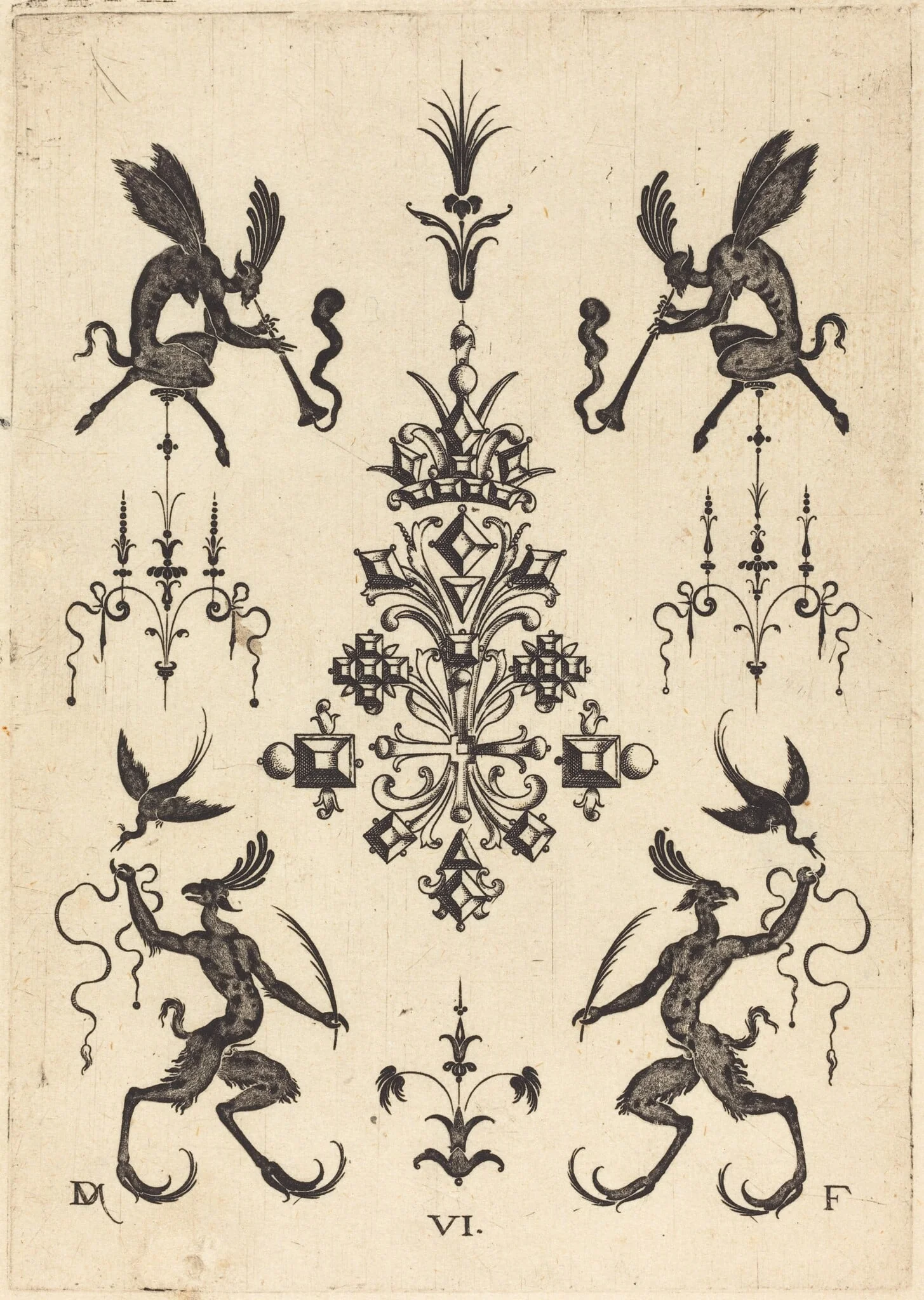 Brooch with Winged Fauns Blowing Trumpets at Top and Fantasy Creatures with Birds at Bottom, by Daniel Mignot, ink, 1596
