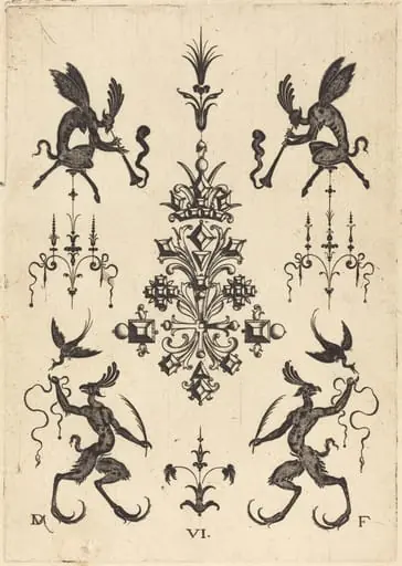Brooch with Winged Fauns Blowing Trumpets at Top and Fantasy Creatures with Birds at Bottom