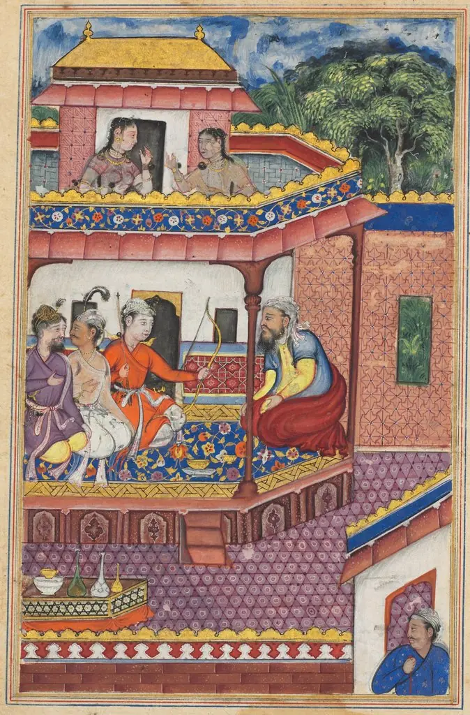 The three young men present themselves as suitors for the hand of Zuhra, the daughter of the merchant of Kabul, from a Tuti-nama (Tales of a Parrot): Thirty-fourth Night