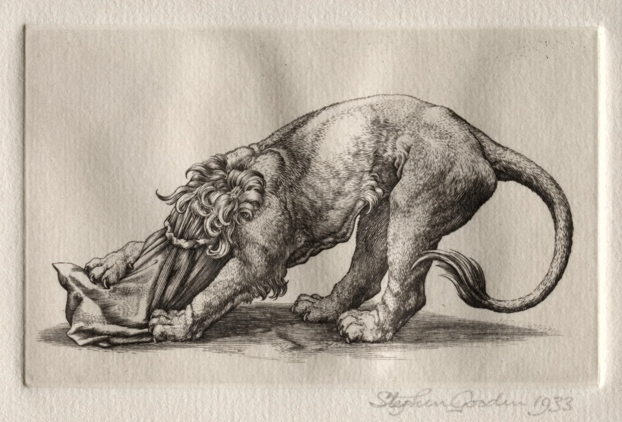 Illustration for "Peronnik the Fool":  A Lion Tearing at a Sack, by Stephen Gooden, 1933
