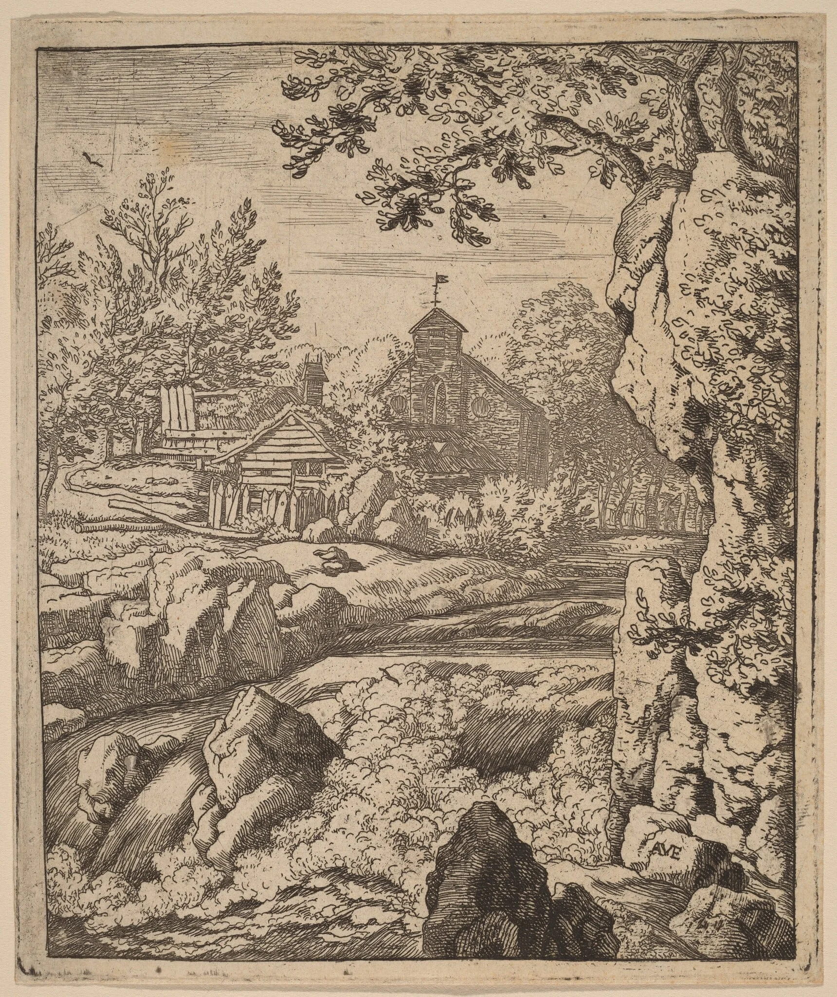Waterfall, by Allart van Everdingen, ink, 1650