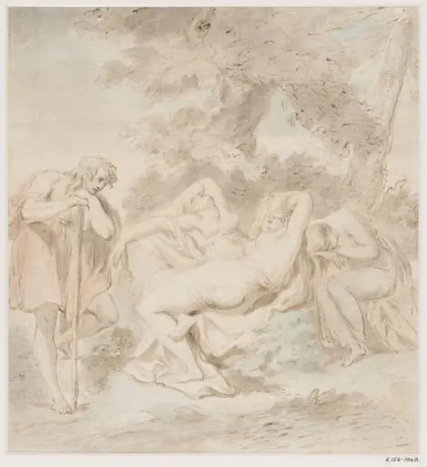 Cymon, Iphigeneia and two female attendants in a landscape.