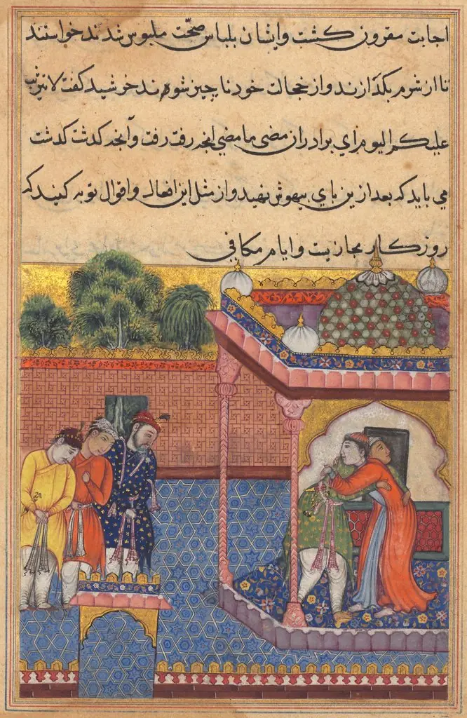 Khurshid reunited with her husband Utarid, from a Tuti-nama (Tales of a Parrot): Thirty-second Night