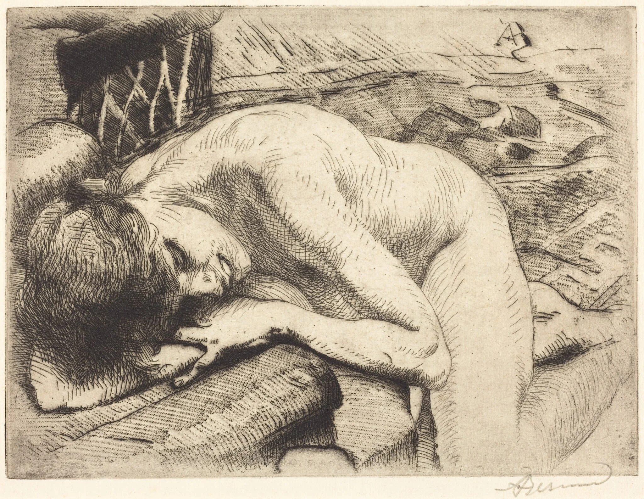 Model Asleep on the Floor (Le modèle endormi à terre), by Paul-Albert Besnard, ink, 1885