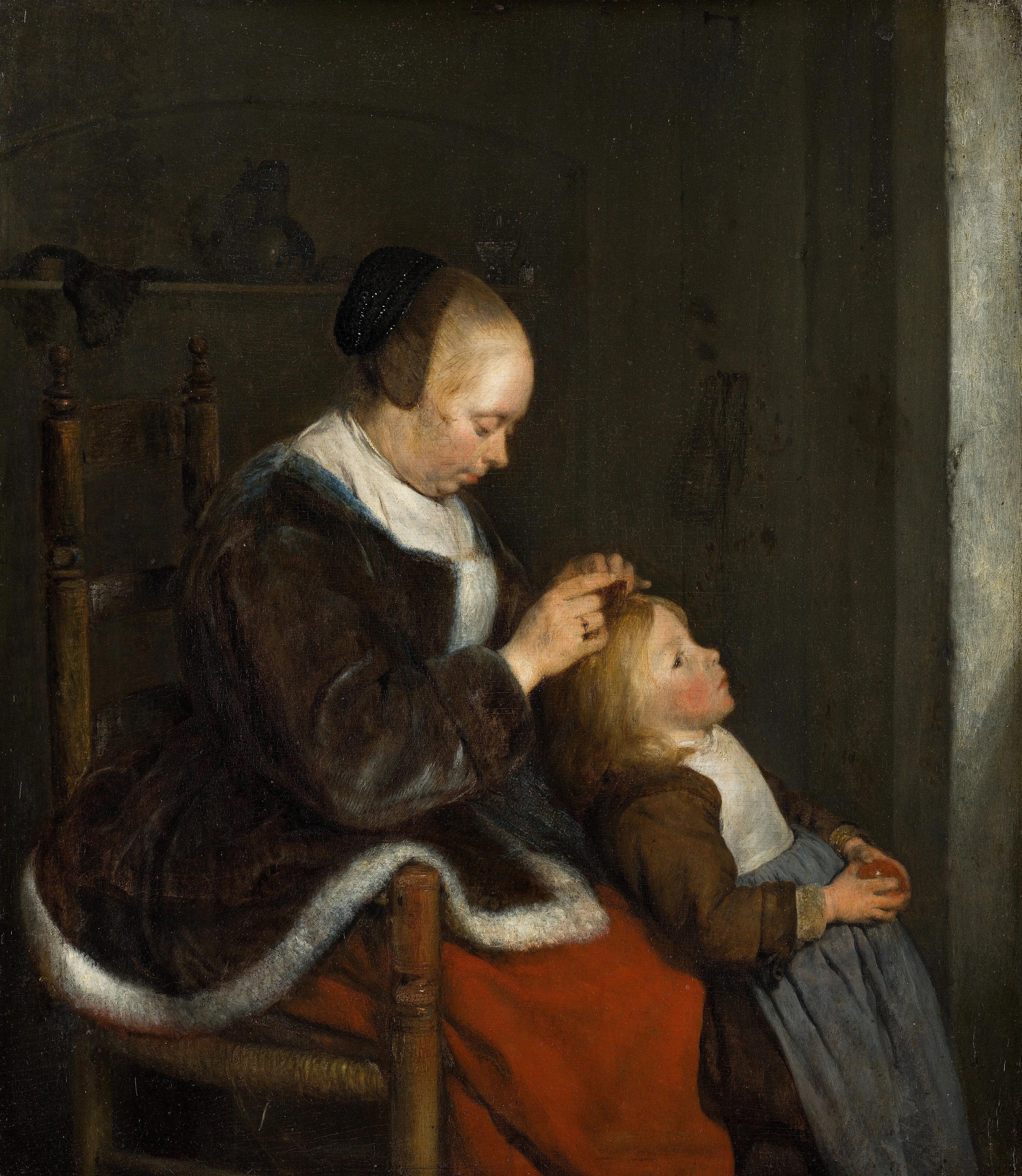 Mother Delousing her Child’s Hair, by Gerard ter Borch, oil, 1652