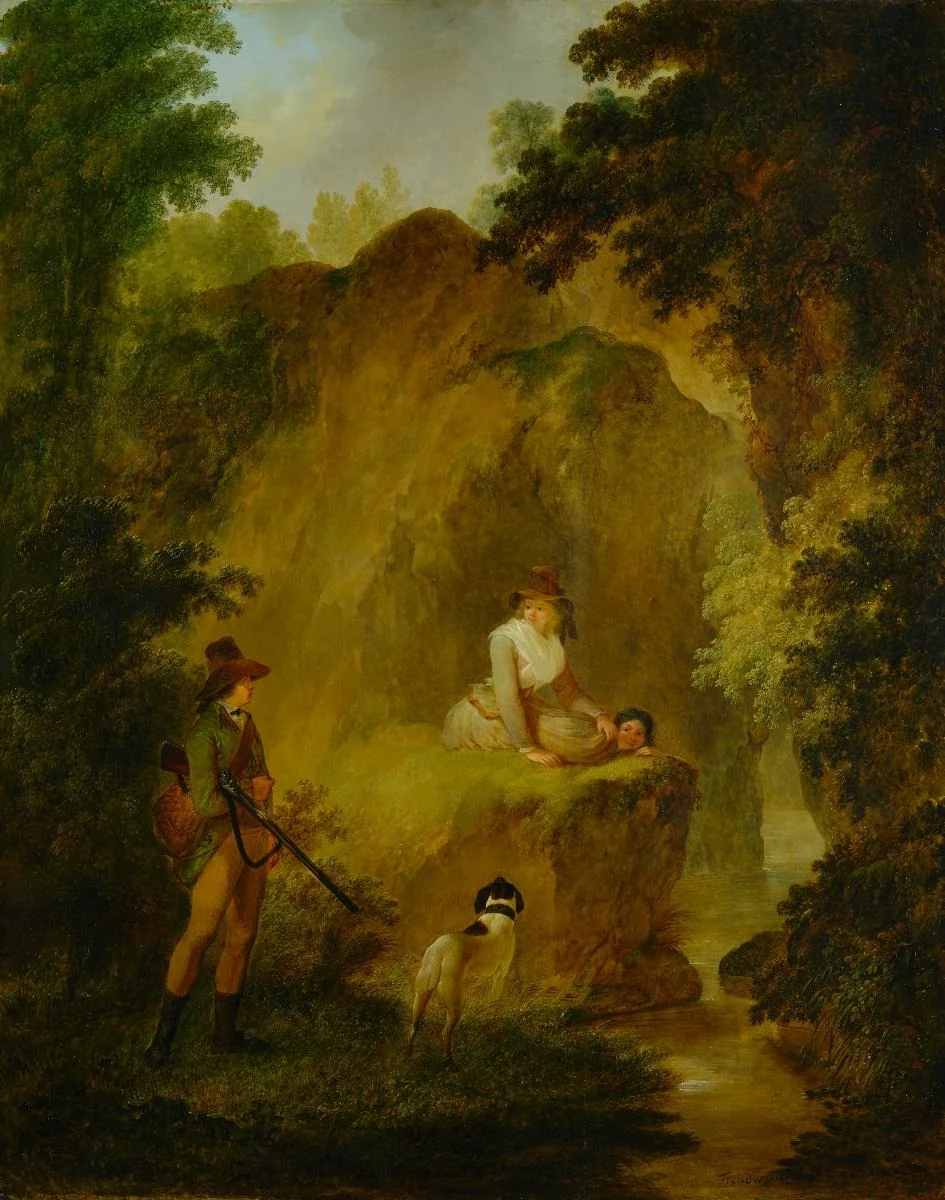 Der Künstler als Jäger mit Gattin und Schwägerin am Sihlsprung, by Heinrich Freudweiler, oil, 1798