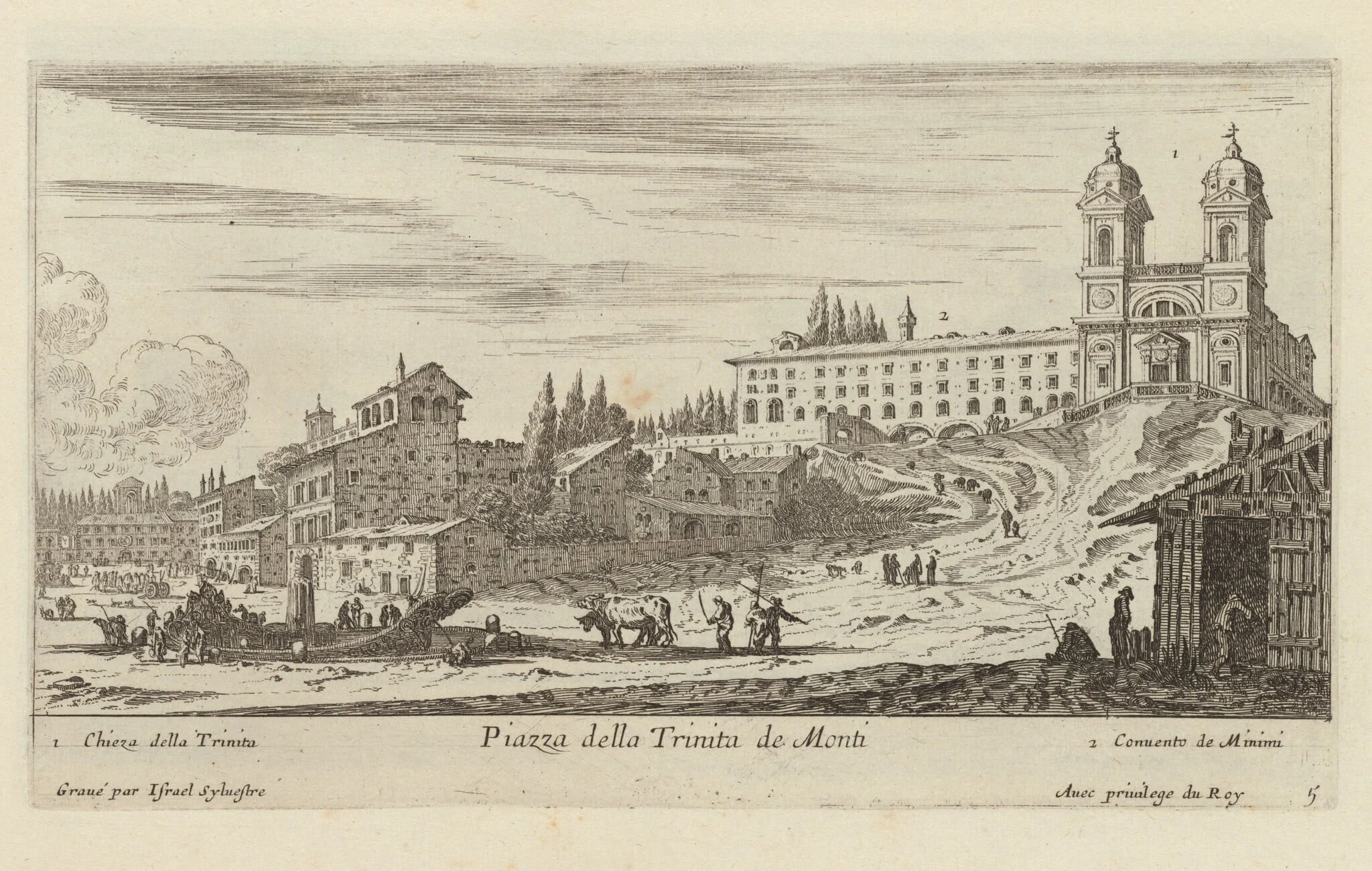 Piazza della Trinita de Monti, by Israël Silvestre, ink, 1650