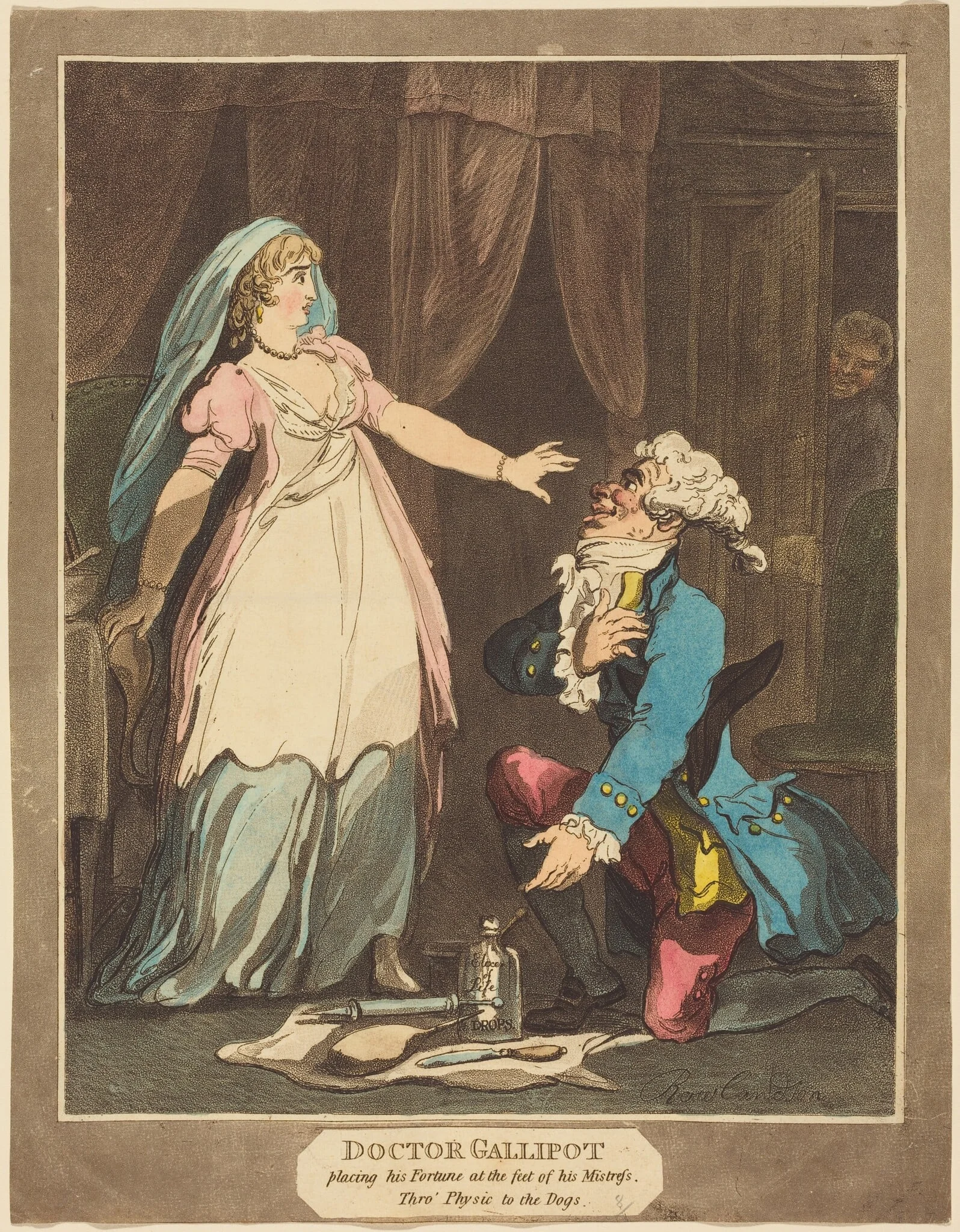 Doctor Gallipot placing his Fortune at the feet of his Mistress, by Thomas Rowlandson, ink, 1808