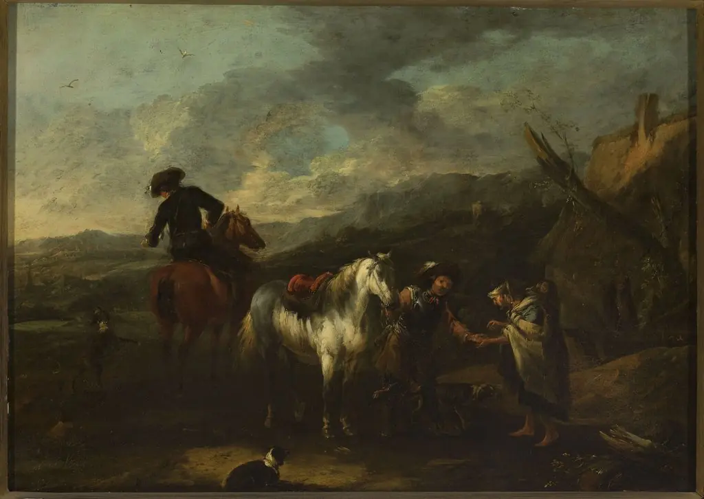 Horsemen and a beggar woman against landscape