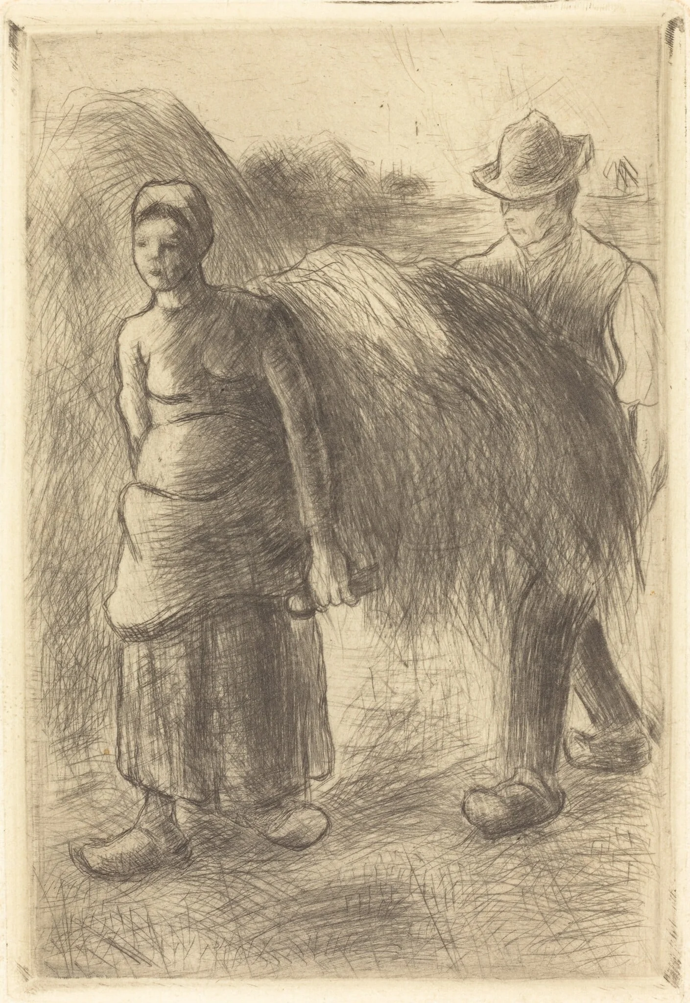Peasants Carrying Hay (Paysans portant du foin), by Camille Pissarro, ink, 1900