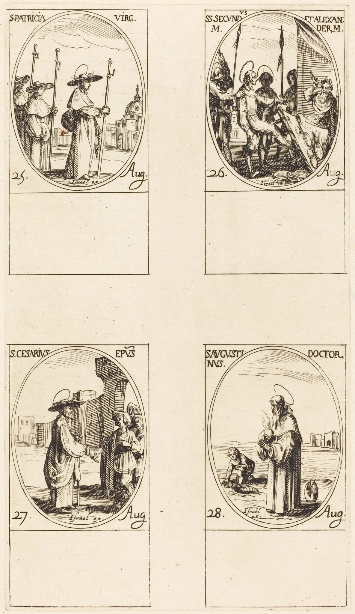 St. Patricia; Sts. Secundus and Alexander; St. Cesarius; St. Augustine, by Jacques Callot, ink, 1634