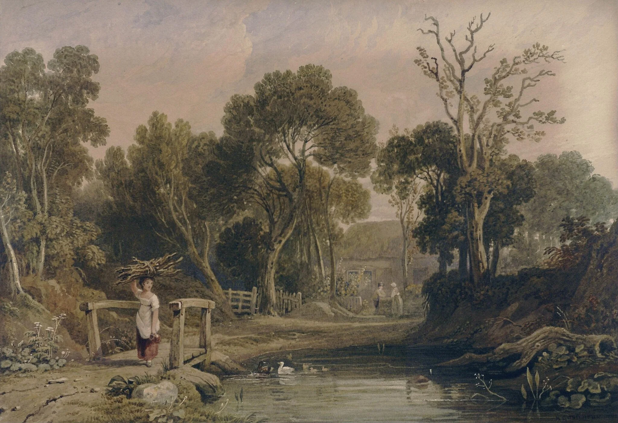 Landscape with a pond and country folk outside a cottage