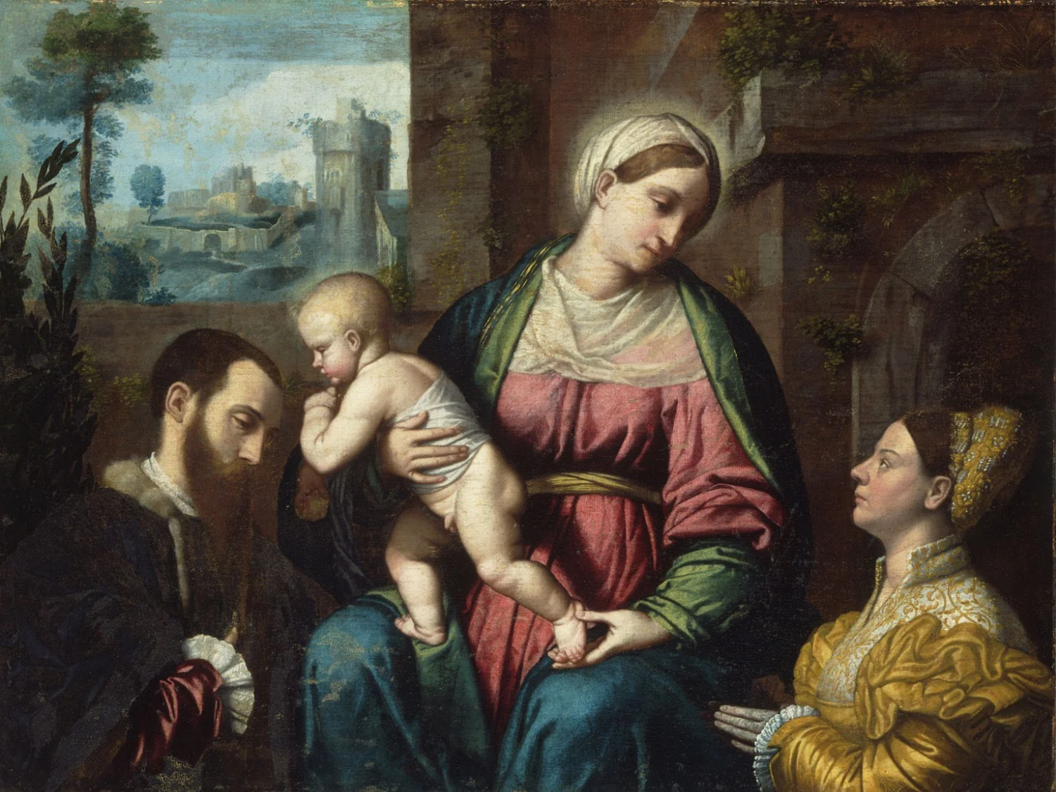 Virgin and Child, with Two Donors, by Moretto da Brescia, oil, 1528