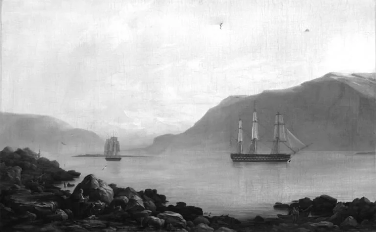 The Ship of the Line "Dronning Marie" (Queen Marie) and the Corvette "Najaden" Weigh Anchor in Faxa Bay, near Reykjavik, Iceland, by Frederik Theodor Kloss, oil, 1836