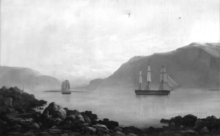 The Ship of the Line "Dronning Marie" (Queen Marie) and the Corvette "Najaden" Weigh Anchor in Faxa Bay, near Reykjavik, Iceland