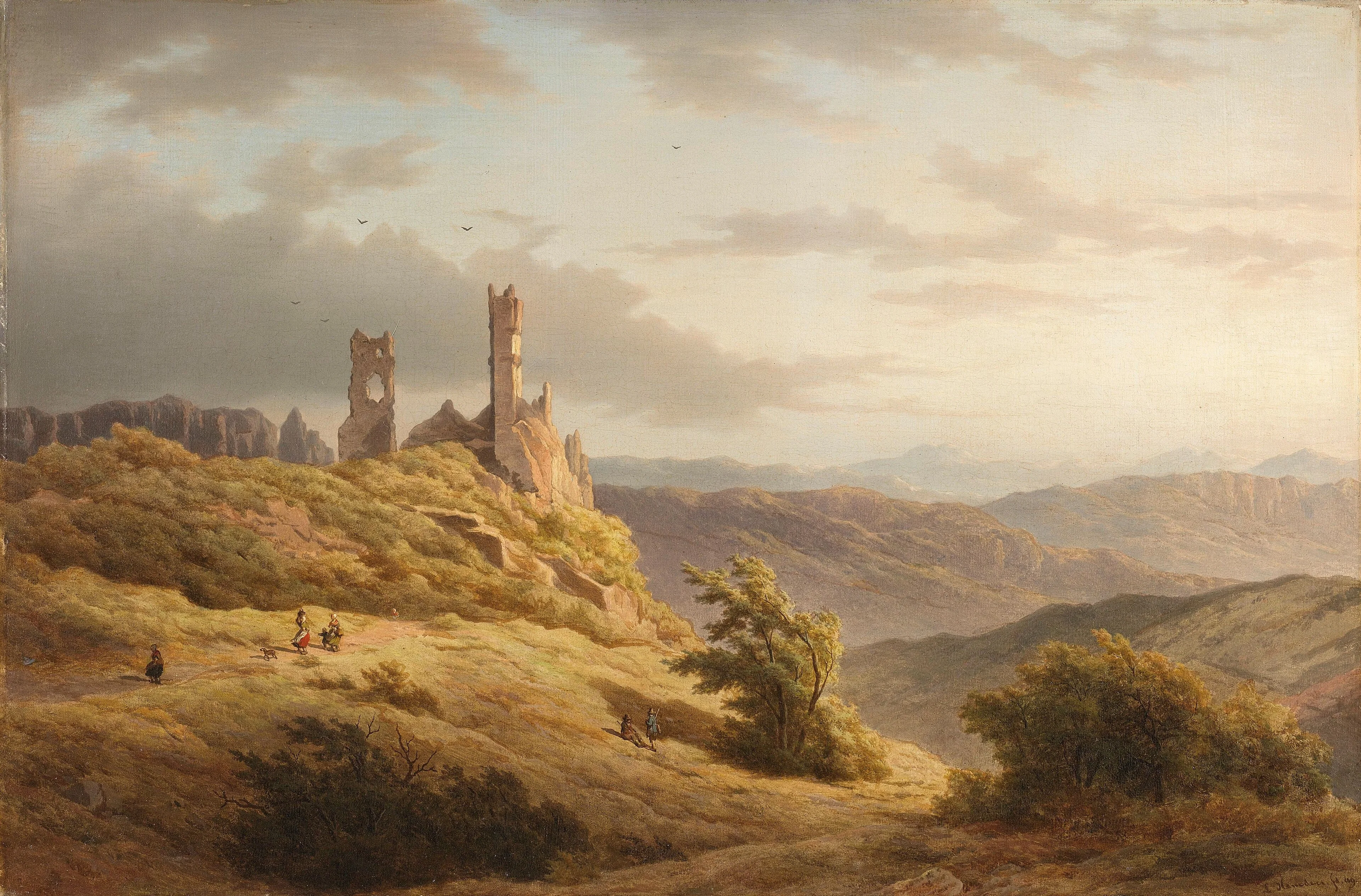 Hilly Landscape with a Ruin, by Louwrens Hanedoes, oil, 1849