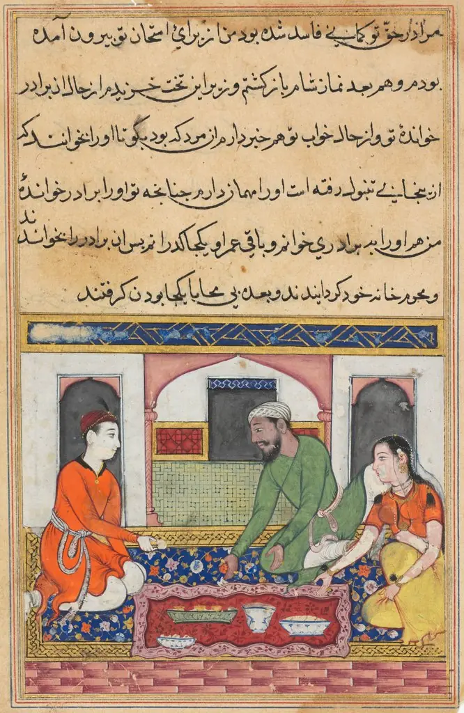 Shahr-Arai and her husband adopt her lover as a brother in the family, from a Tuti-nama (Tales of a Parrot): Fortieth Night