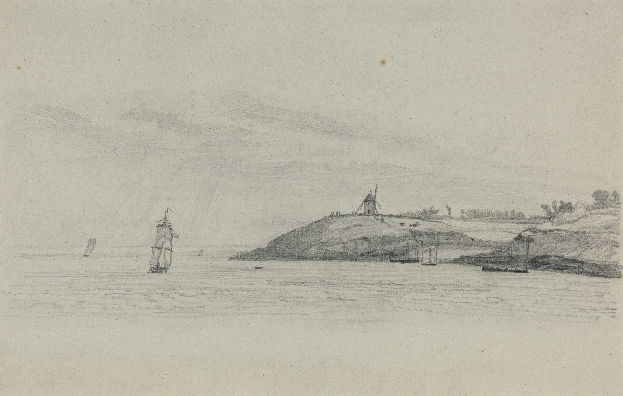 Coastal Landscape with Shipping; Windmill in Distance, by Eugène Boudin, graphite, 1858