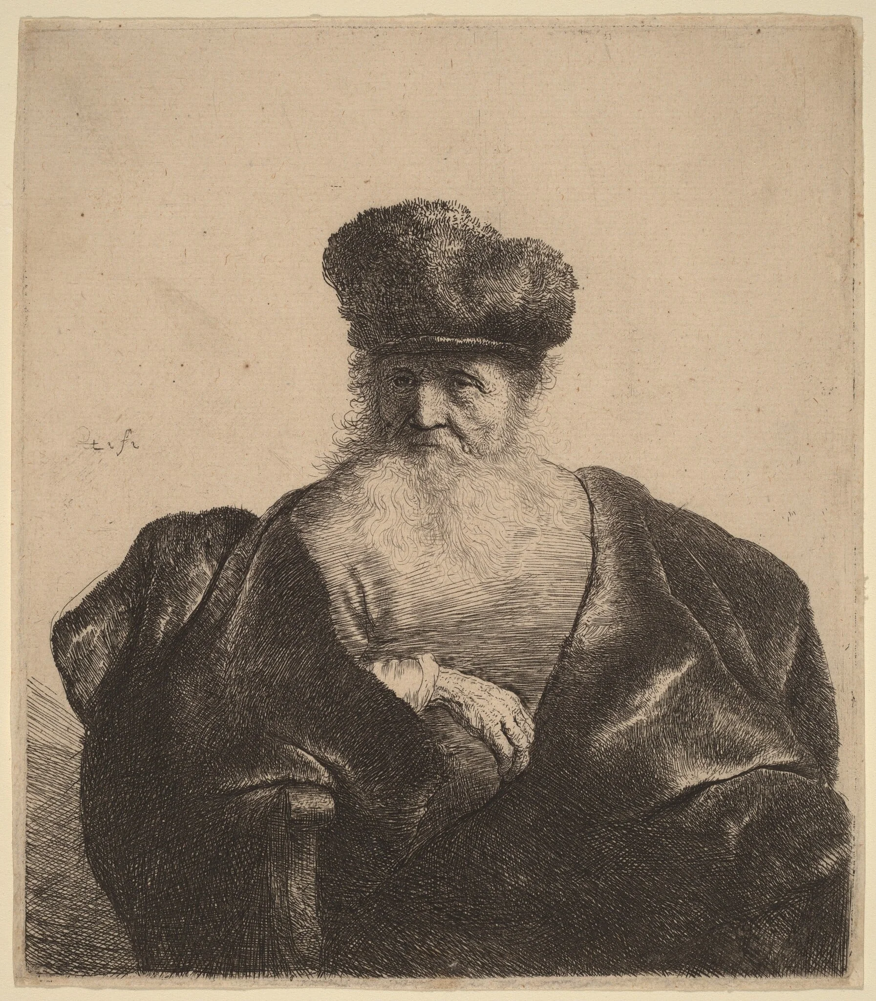 Old Man with Beard, Fur Cap, and Velvet Cloak, by Rembrandt, ink, 1632