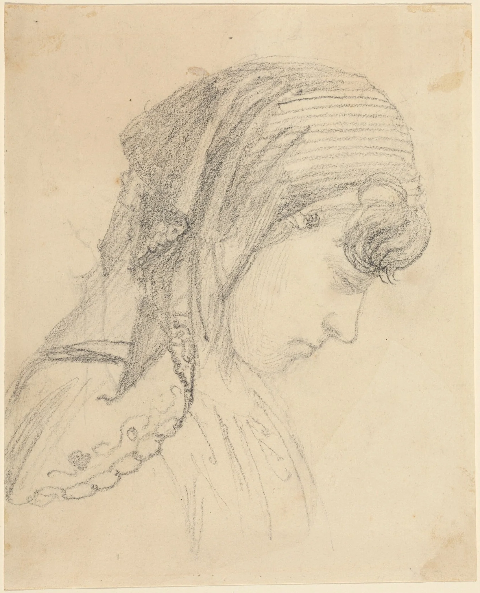 Head of a Woman in a Scarf, Looking Down, by John Flaxman, graphite, 1790