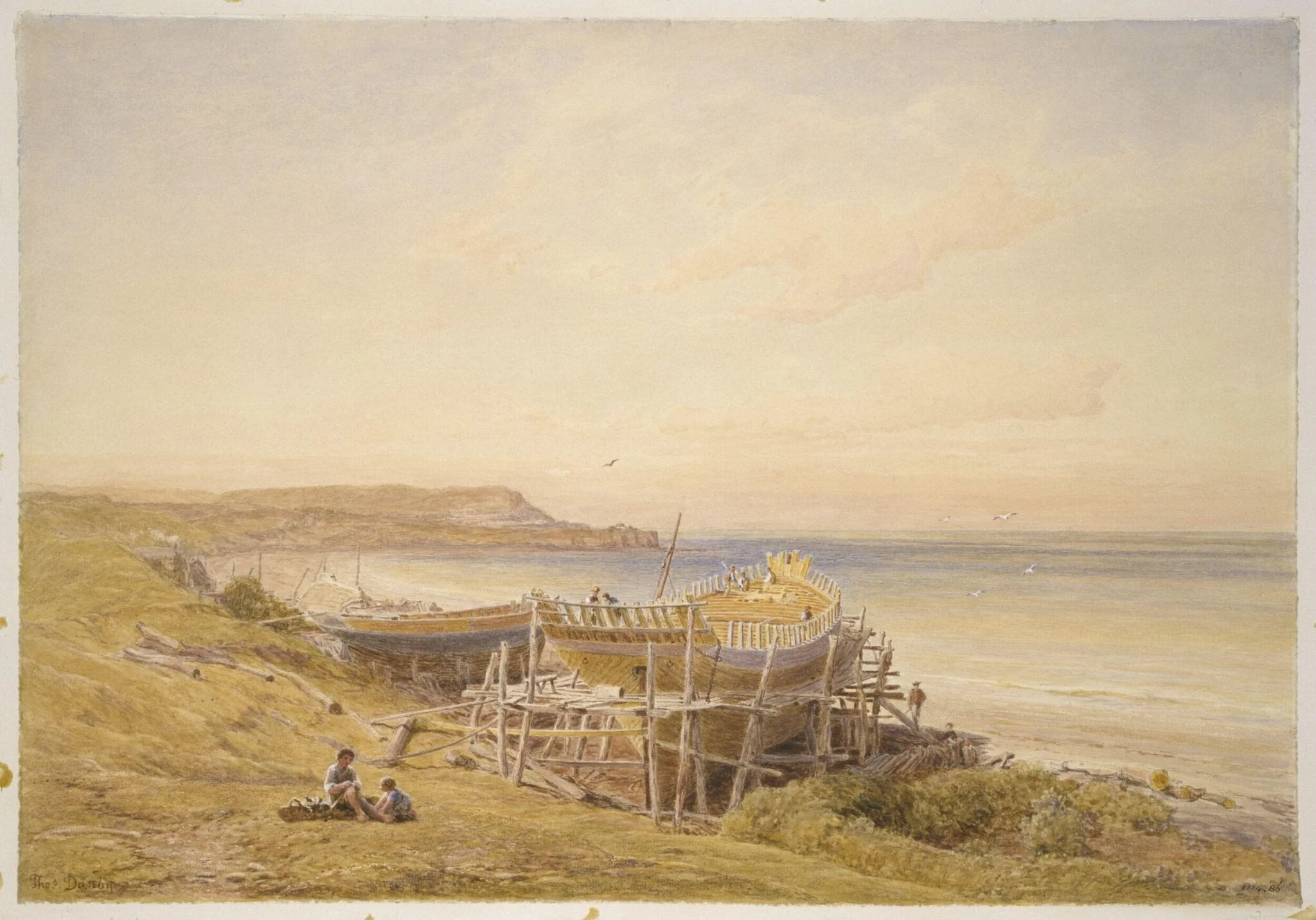 Coast scene with a ship on the stocks, by Francis Danby, watercolor, 1840