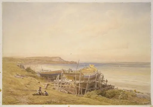 Coast scene with a ship on the stocks